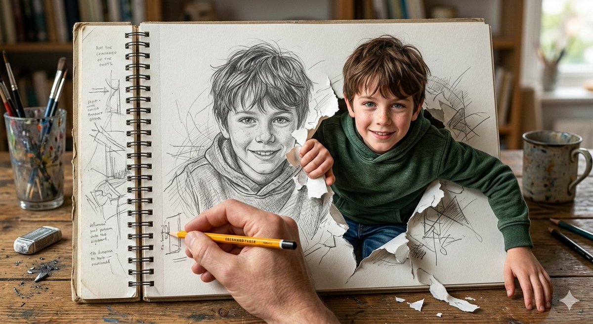 破纸而出的素描少年