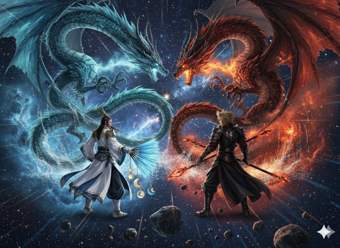 持符咒羽扇的孔明与仲达星际巨龙对决