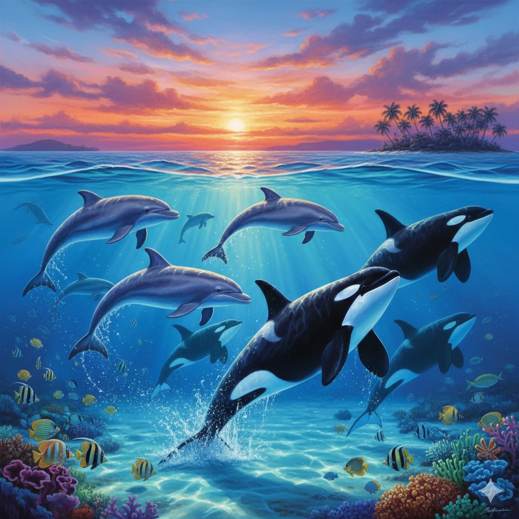 梦幻星海中的海豚与虎鲸