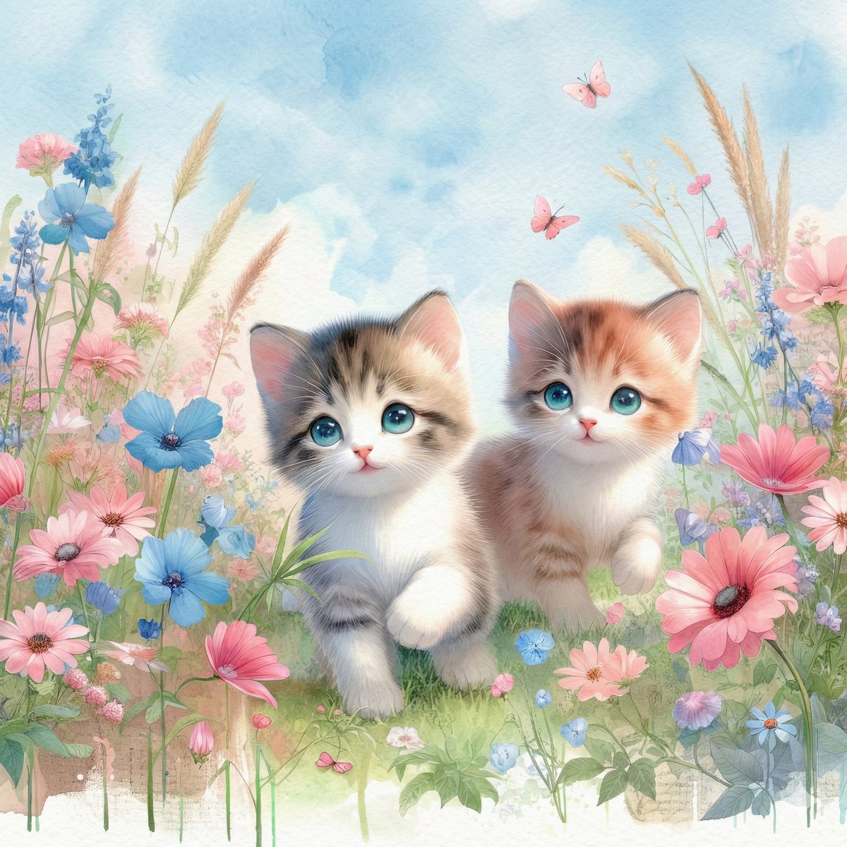 梦幻水彩花丛中的两只蓝眼萌猫漫步