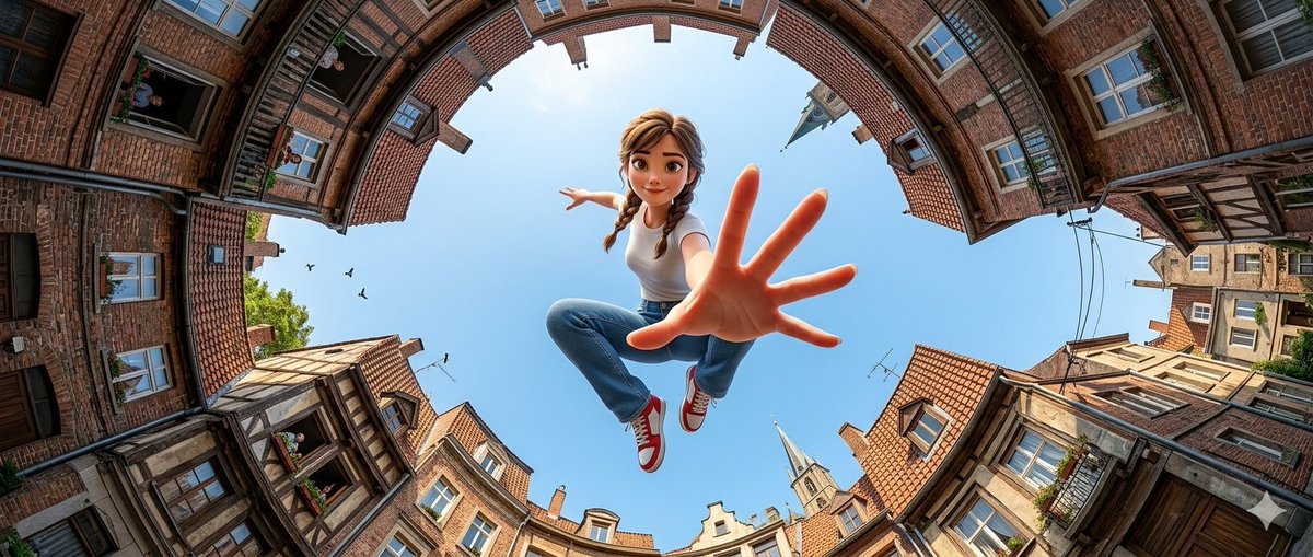 鱼眼镜头下跳跃的皮克斯风少女