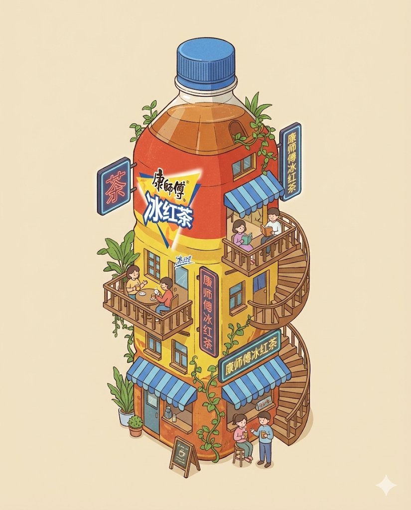 巨型可乐瓶变身繁华微型大楼的创意插画