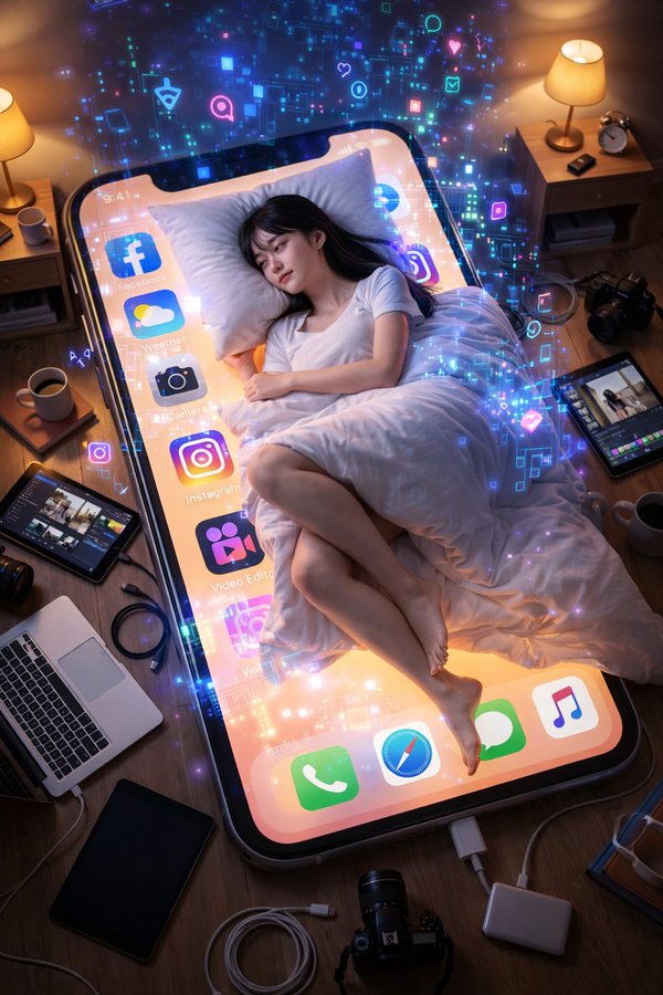 少女卧手机幻梦
