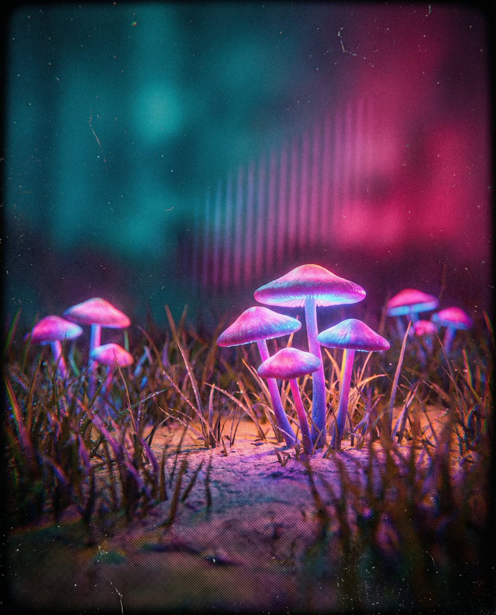 迷离霓虹下的荧光蘑菇丛