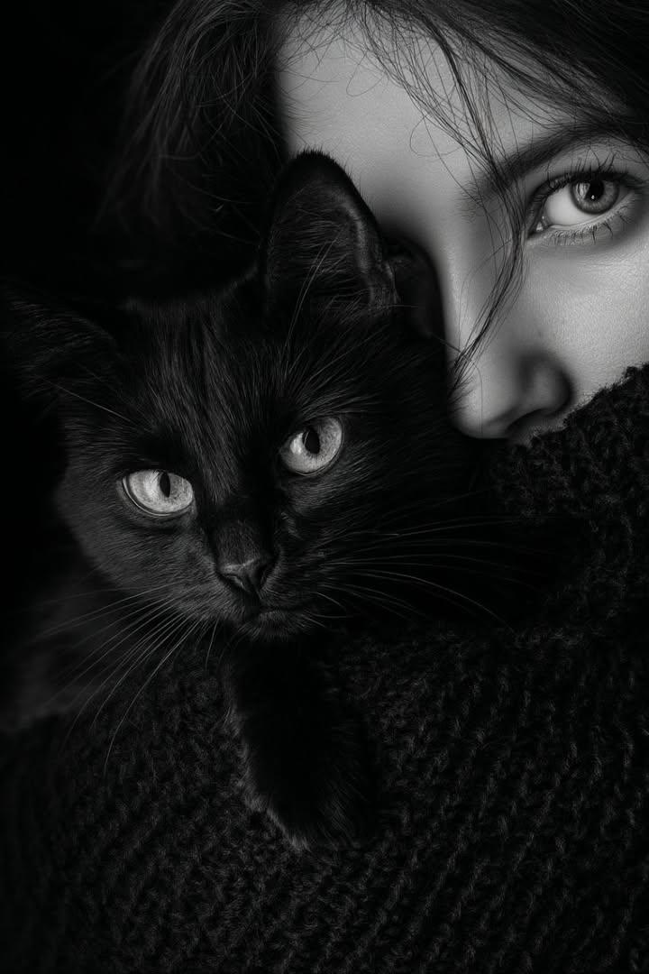 极致黑白光影下的女子与黑猫