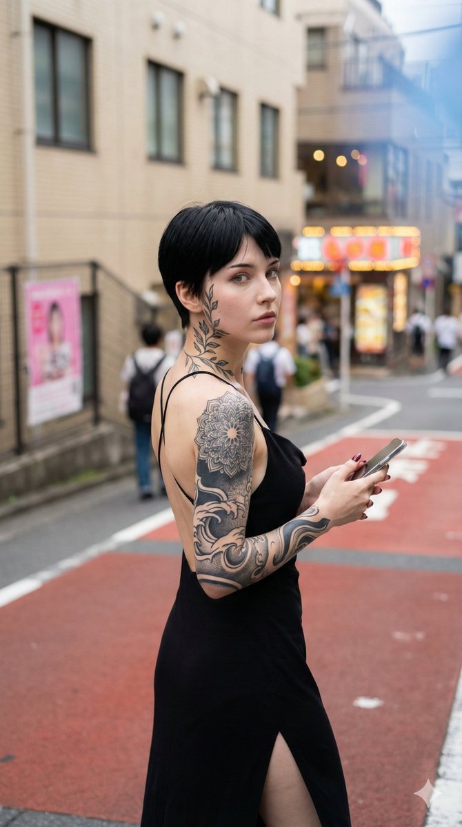 日系街头回眸的刺青黑裙少女