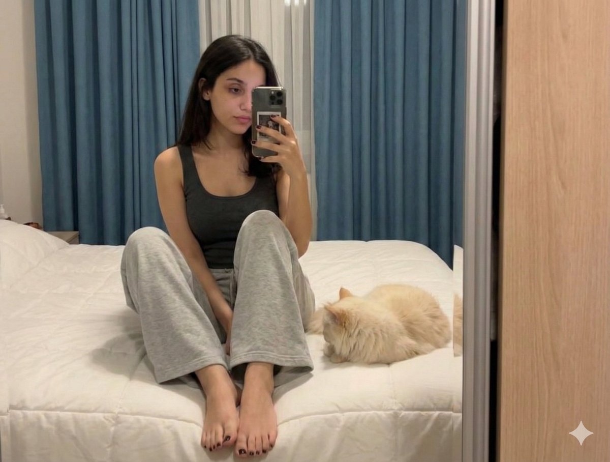 长发少女与猫咪的慵懒镜面自拍