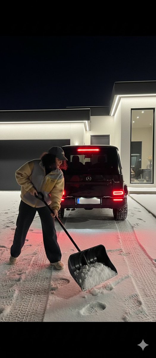 雪夜豪宅前的奔驰与扫雪少女