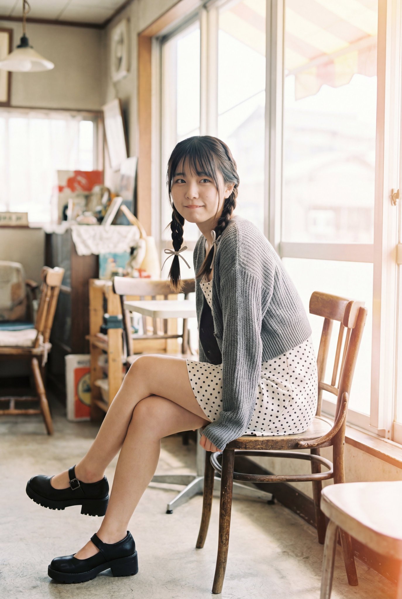 女性在阳光洒满的复古咖啡馆里