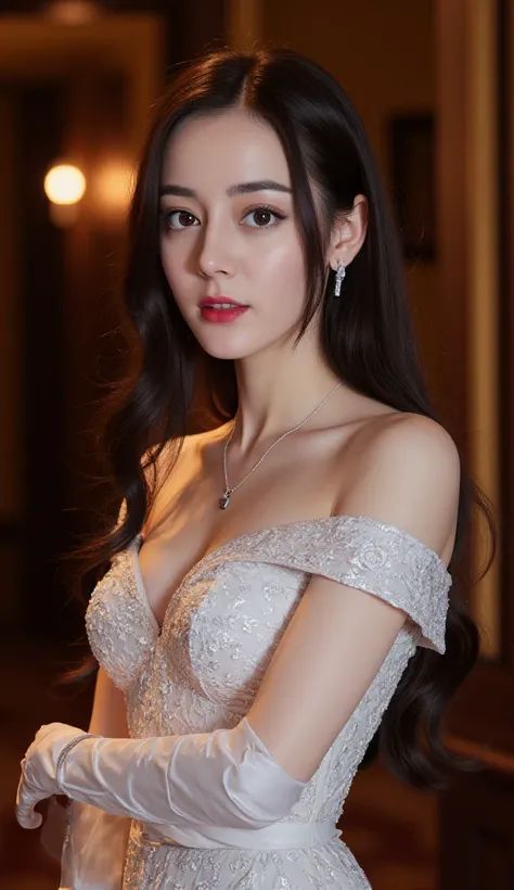 女子身穿白色露肩蕾丝婚纱