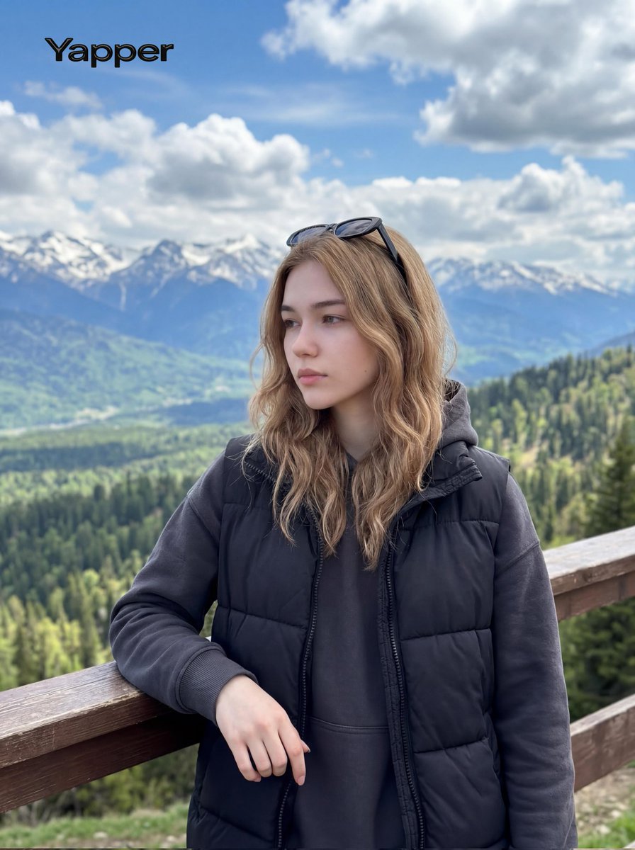 穿着羽绒背心在雪山下眺望的清新少女