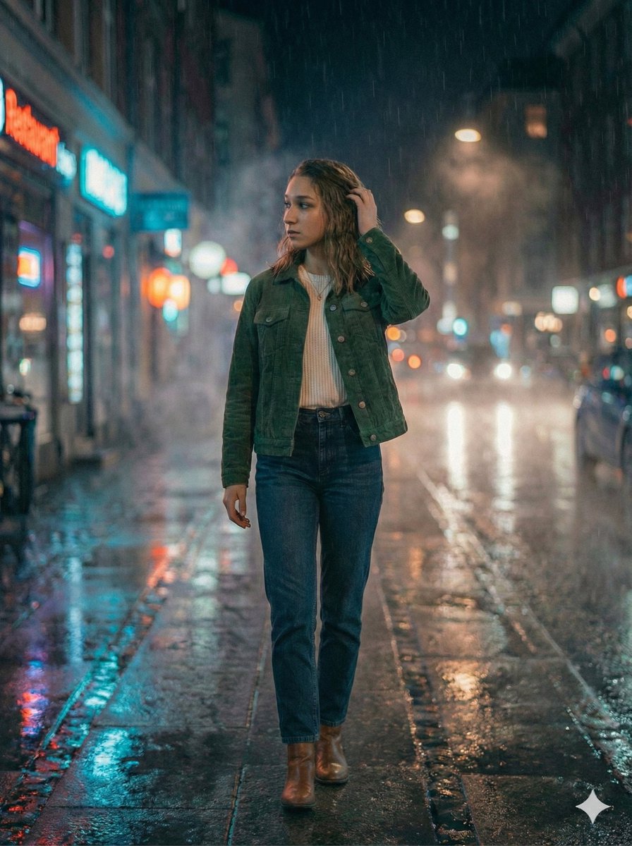 雨夜霓虹街头漫步的超写实电影感女孩