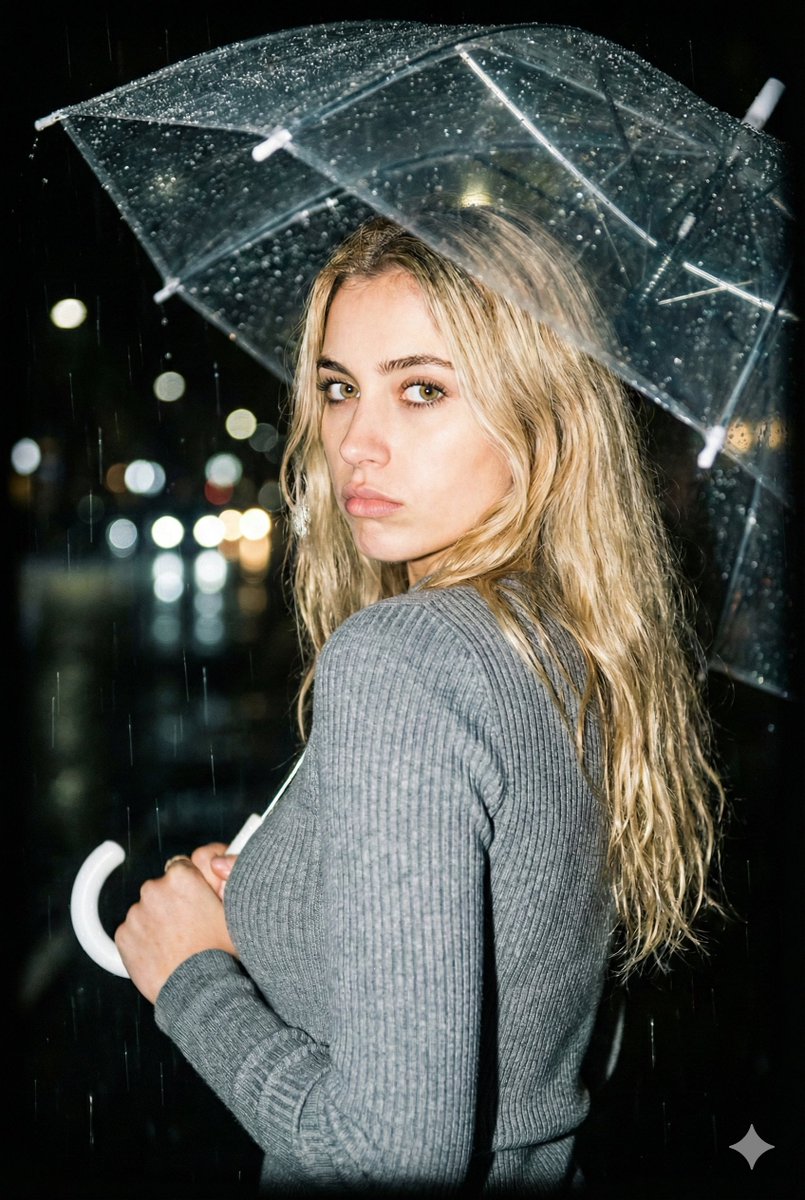 雨夜闪光灯下撑伞回眸的金发少女