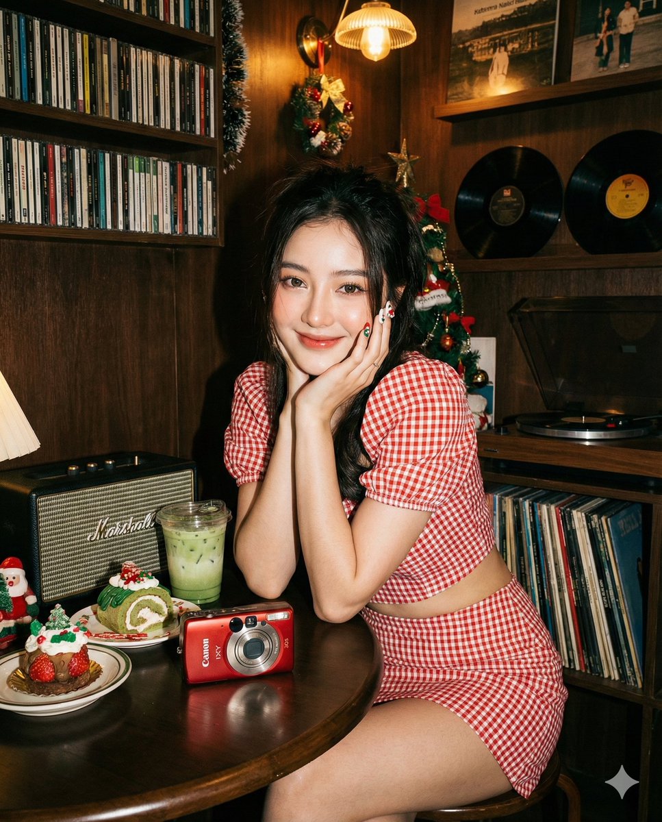 复古唱片店里的直闪 Y2K 甜美少女