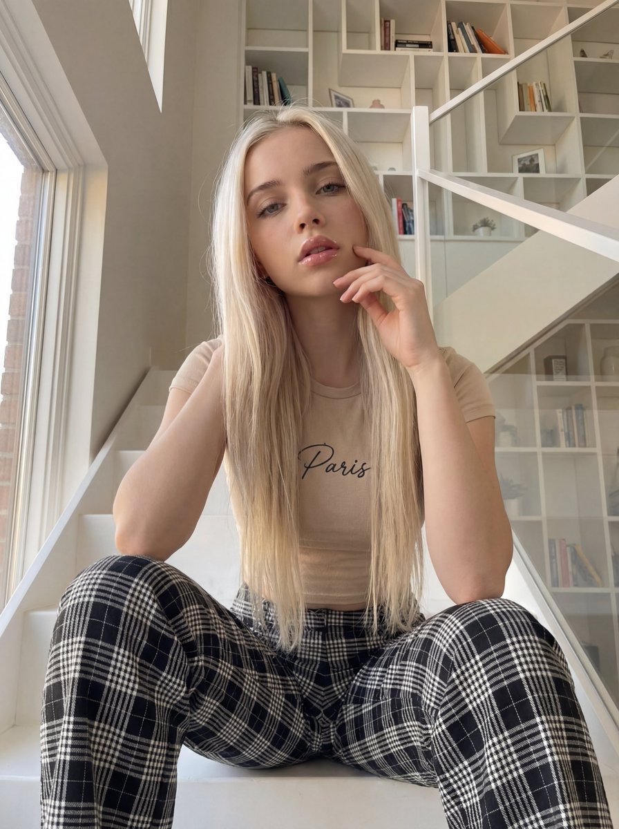 北欧极简光影下的白金长发慵懒少女