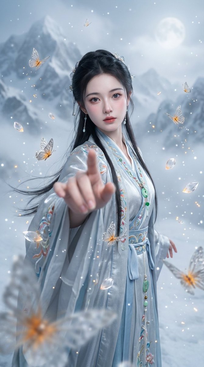 银蓝汉服绝美仙姿伸手互动与灵蝶共舞