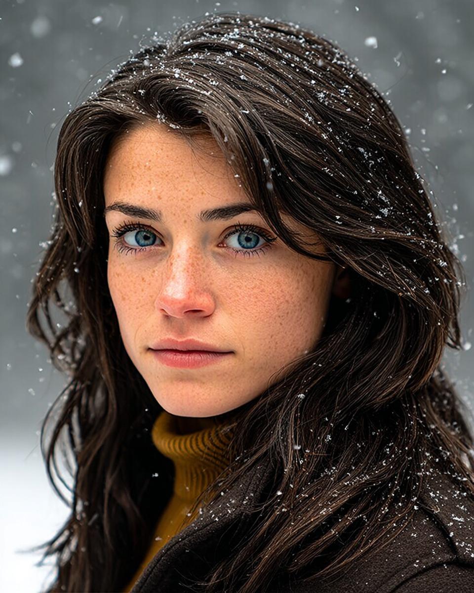 漫天飞雪中凝视深空的蓝眼少女写实人像