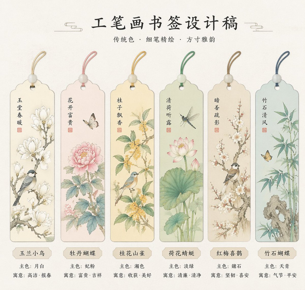 绝美国风工笔画书签设计