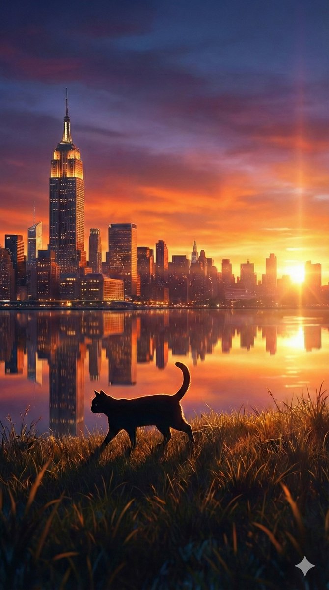 落日余晖下的黑猫与帝国大厦倒影
